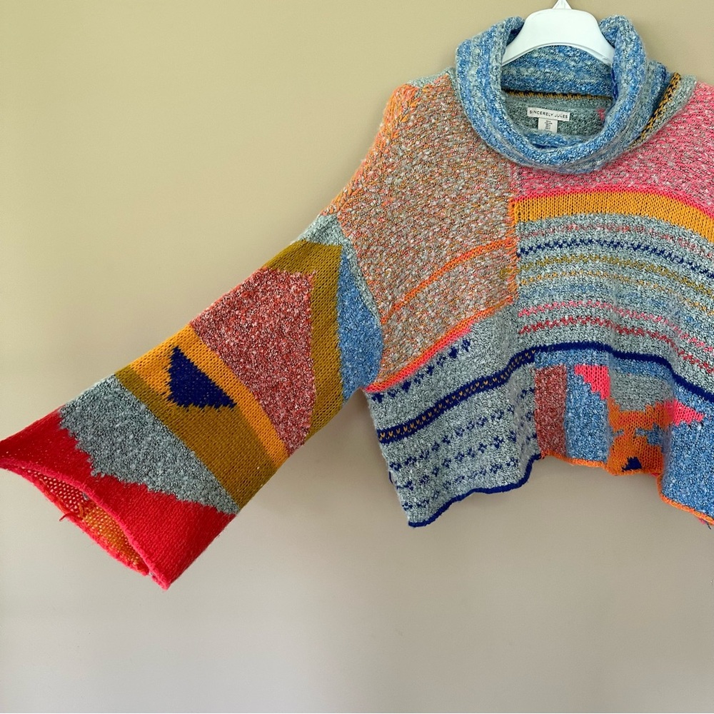 SOLD Sincerely Jules Large Boho Oversized Sweater Cropped Bright Patchwork Inspi - Picture 5 of 10